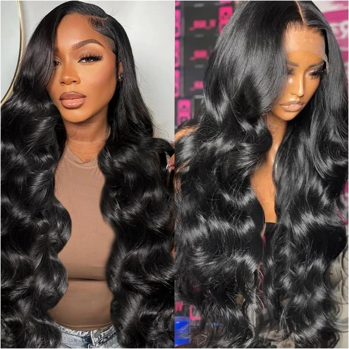 13X6 Body Wave Lace Front Wigs Human Hair Pre Plucked 200% Density HD Transparent Lace Frontal Wigs Human Hair with Baby Hair Natural Black 36 Inch