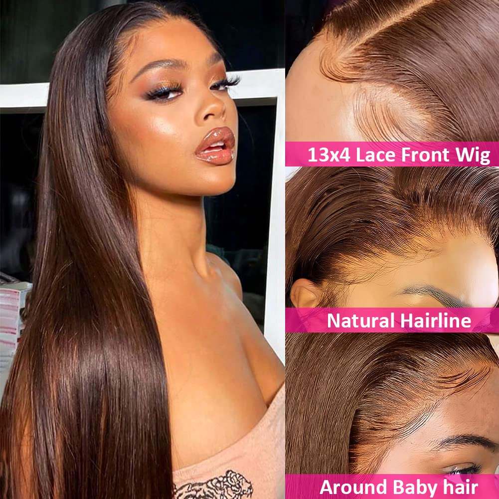 13X4 Chocolate Brown Lace Front Wigs Human Hair 180 Density Straight Lace Frontal Human Hair Wig Pre Plucked Hairline 4# Brown Wig 26 Inch