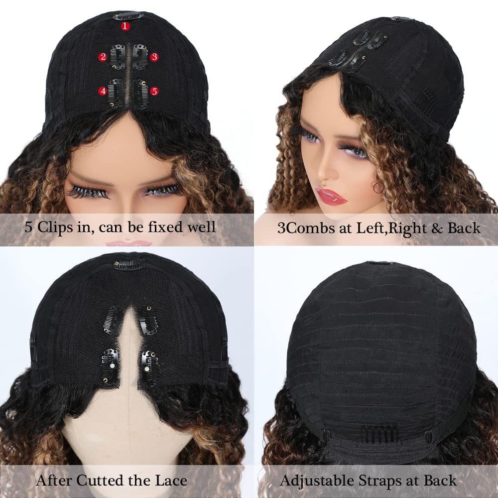 Curly V Part Wigs Human Hair Balayage Brown Highlight Clip in Upgrade U Part Wig No Leave Out Wear Go Glueless Human Hair Wig Beginner Friendly 18 Inch