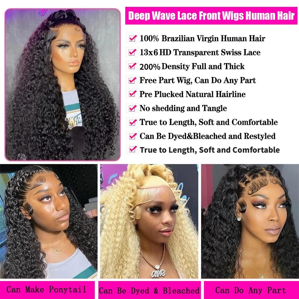 13X6 Deep Wave Lace Front Wigs Human Hair 200% Density 26 Inch Curly Human Hair Wig for Women Natural Black HD Transparent Lace Glueless Frontal Wigs Human Hair Pre Plucked