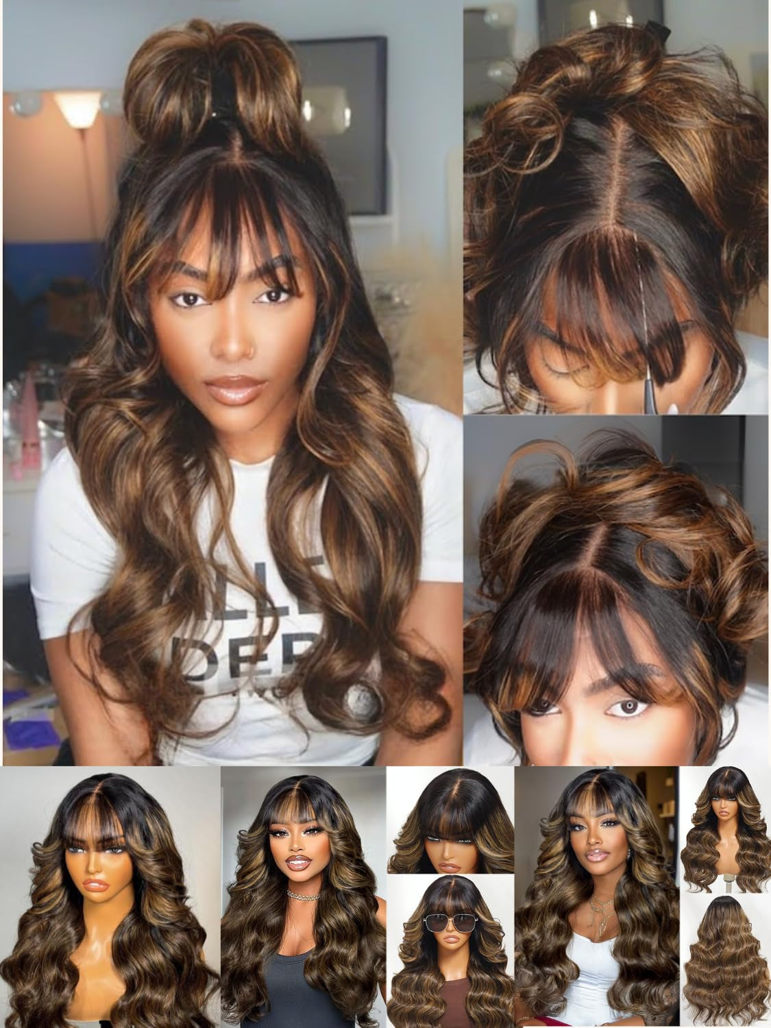 13X4 HD Balayage Brown Curtain Bangs Wig Human Hair with Drawstring - Pre Everything Glueless Loose Body Wave Lace Front Wigs with Ear Tape Pre Plucked Bleached Knots Ready to Wear 16Inch