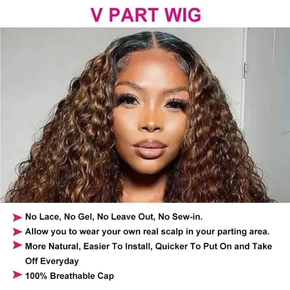 Curly V Part Wigs Human Hair Balayage Brown Highlight Clip in Upgrade U Part Wig No Leave Out Wear Go Glueless Human Hair Wig Beginner Friendly 18 Inch