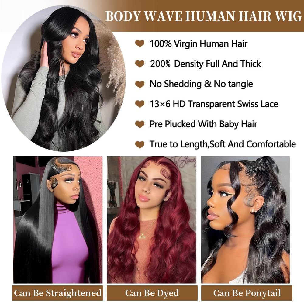 30 Inch Body Wave Lace Front Wigs Human Hair 200 Density 13X6 Hd Transparent Front Wigs Human Hair Pre Plucked Brazilian Virgin Hair Glueless Wigs Body Wave Wigs for Women Natural Black