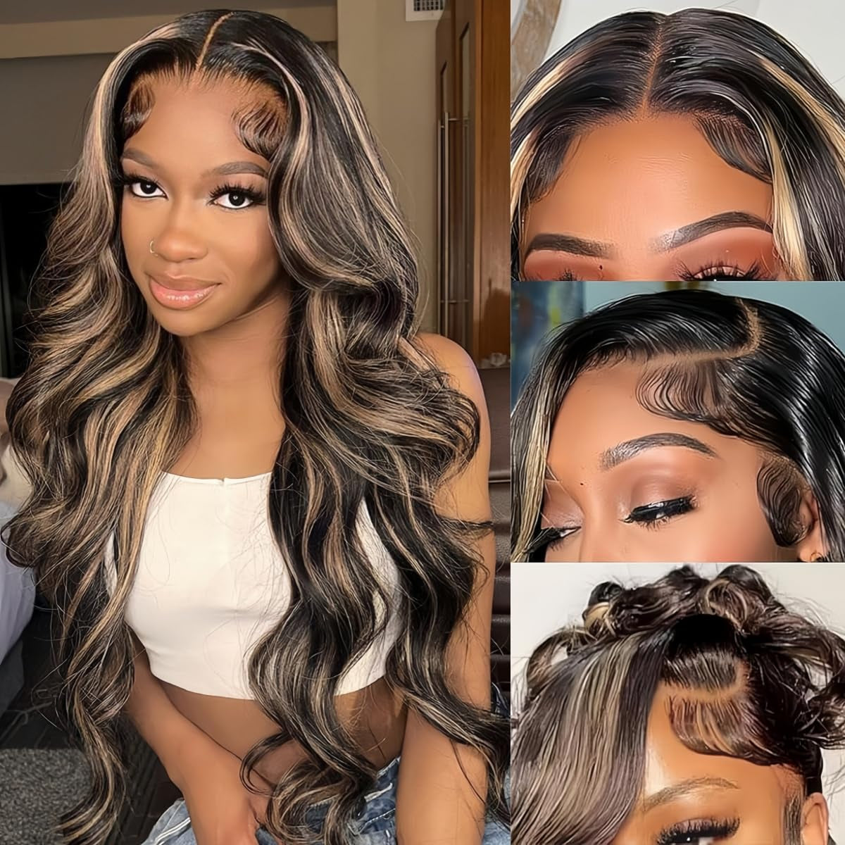 30 Inch Ombre Highlight Lace Front Wig Human Hair Pre Plucked 13X4 HD Transparent 1B/27 Ombre Lace Front Wig Body Wave HD Lace Frontal Wigs Human Hair with Baby Hair Transparent 180% Density for Women