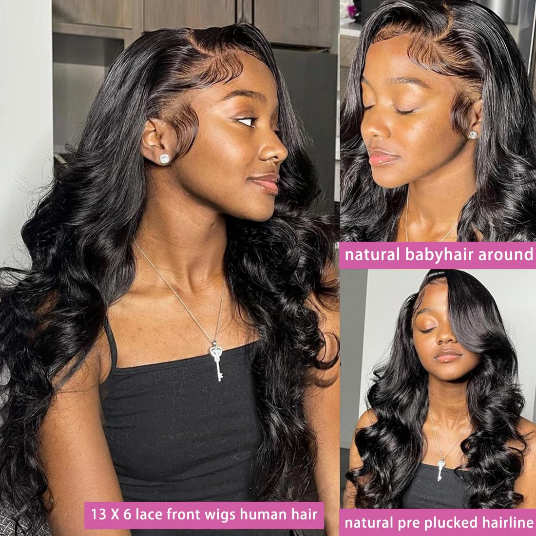 13X6 Body Wave Lace Front Wigs Human Hair Pre Plucked 200% Density HD Transparent Lace Frontal Wigs Human Hair with Baby Hair Natural Black 36 Inch