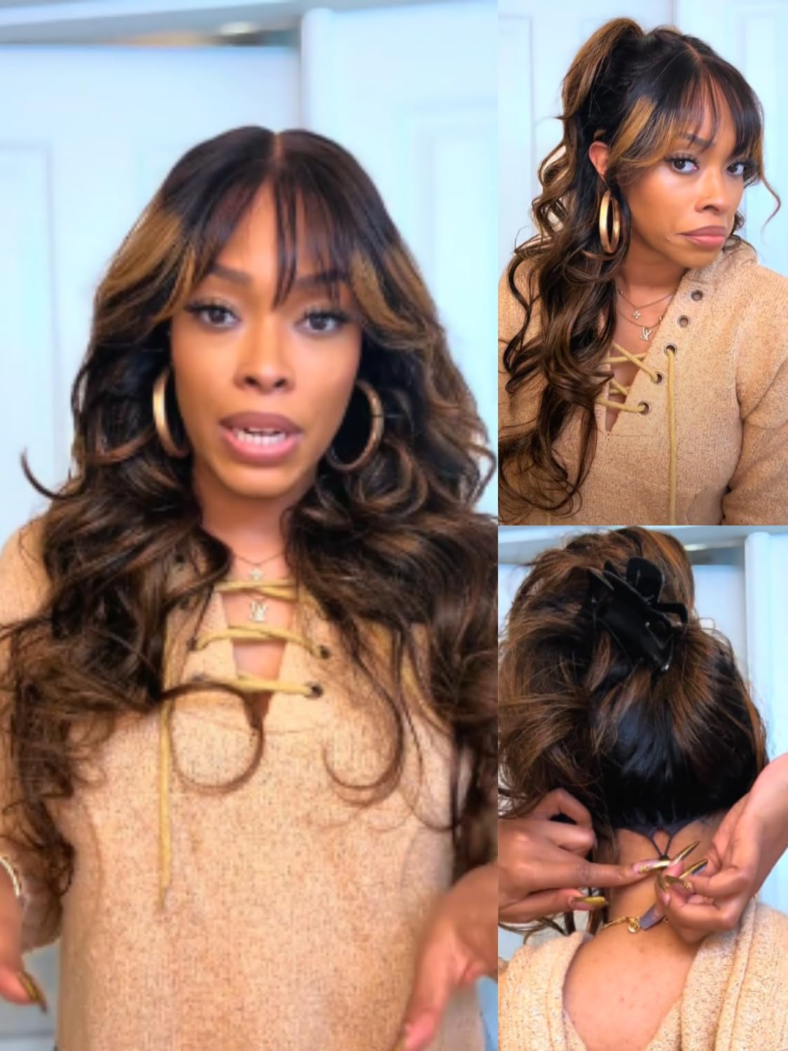 13X4 HD Balayage Brown Curtain Bangs Wig Human Hair with Drawstring - Pre Everything Glueless Loose Body Wave Lace Front Wigs with Ear Tape Pre Plucked Bleached Knots Ready to Wear 16Inch