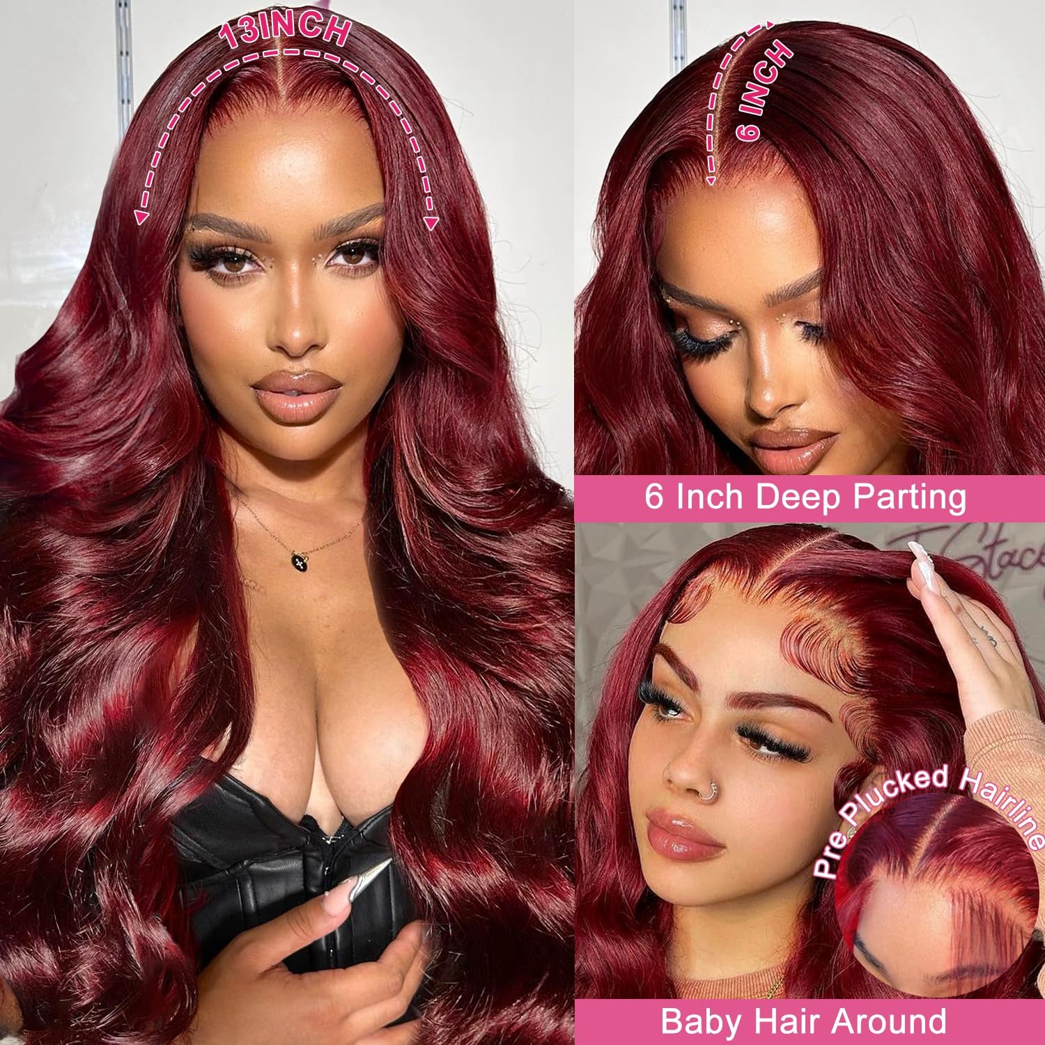 28 Inch 99J Burgundy Lace Front Wigs Human Hair 13X6 HD Transparent Body Wave Lace Front Wigs Pre Plucked 99J Burgundy Red Wine Glueless Human Hair Wigs for Women