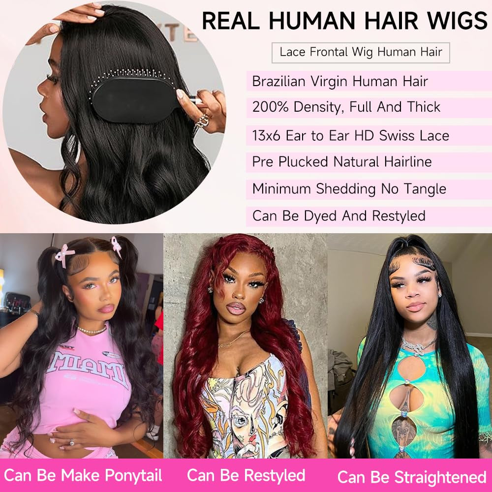 30 Inch 13X6 Lace Front Wigs Human Hair Pre Plucked Real Virgin Human Hair Wig Invisilbe Hairline Tiny Knots 200 Density Body Wave HD Lace Frontal Wigs 3X Longer Lifespan