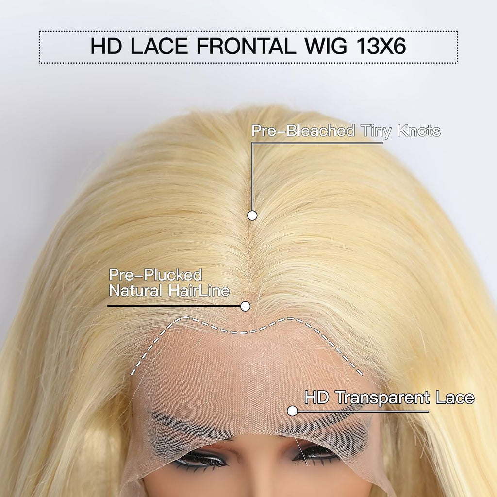 613 13X6 Lace Front Wig Human Hair 24 Inches 200% Density Blonde Straight HD Transparent Lace Frontal Human Hair Wigs Pre Plucked for Women