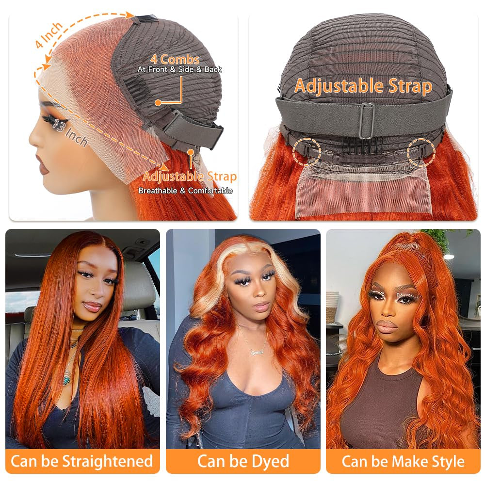 26 Inch Ginger Lace Front Wigs Human Hair Pre Plucked 200% Density Hd Lace Front Wig 13X4 Ginger Orange Body Wave Lace Frontal Wigs Human Hair