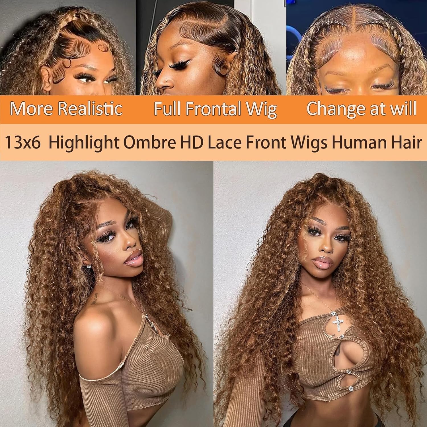13X6 Ombre Honey Blonde Deep Wave Lace Front Wigs Human Hair Highlight Deep Curly Wig Pre Plucked 200% Density 4/27 HD Transparent Lace Frontal Glueless Wigs for Black Women 26Inch
