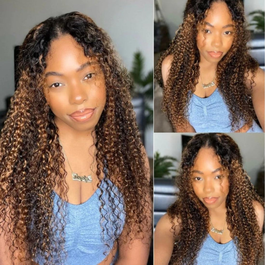 Curly V Part Wigs Human Hair Balayage Brown Highlight Clip in Upgrade U Part Wig No Leave Out Wear Go Glueless Human Hair Wig Beginner Friendly 18 Inch