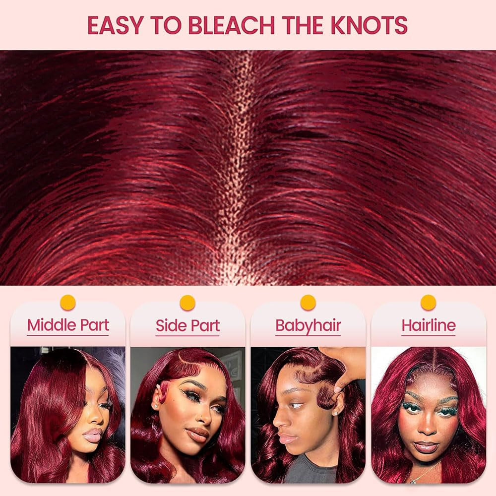 30 Inch 13X6 99J Burgundy Lace Front Wigs Human Hair Body Wave 200 Density HD Transparent Frontal Wigs Pre Plucked Glueless Red Wig for Women 100% Unprocessed Brazilian Remy Virgin Hair