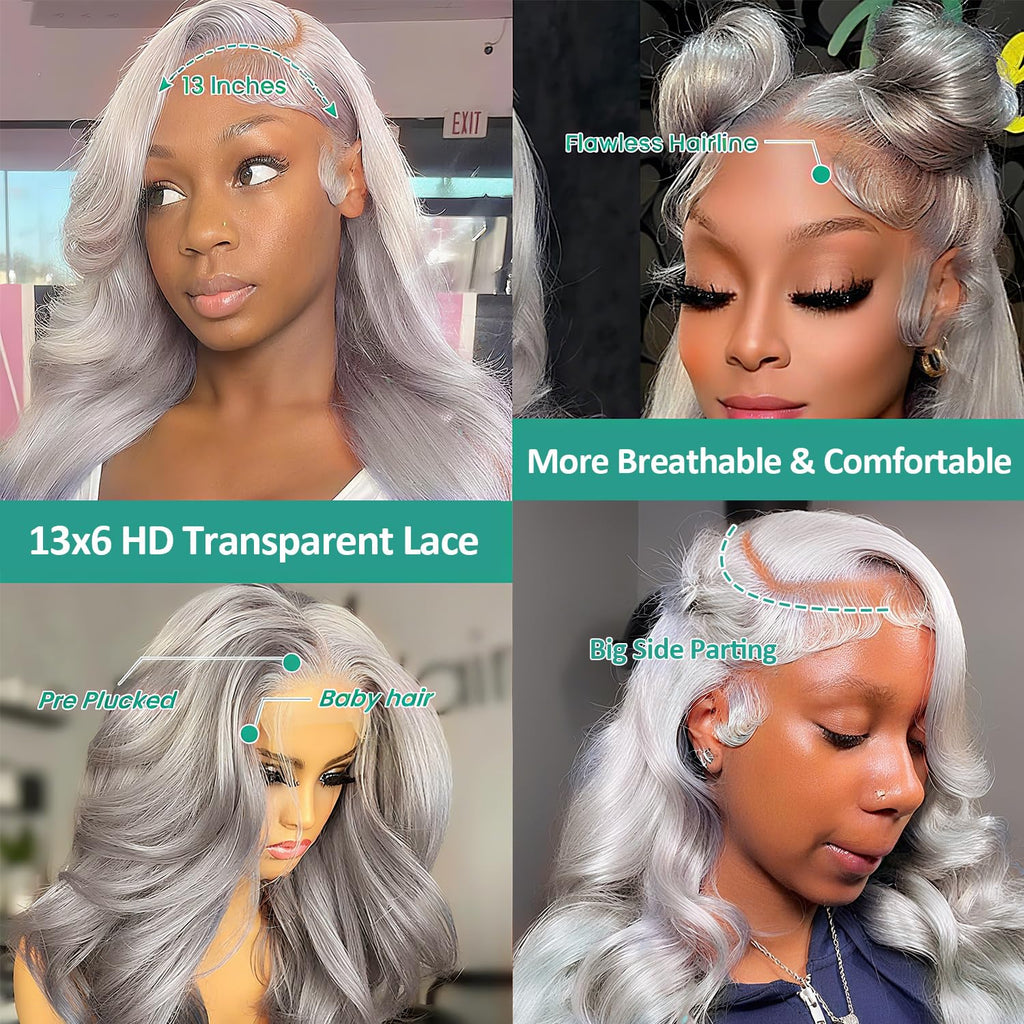 13X6 Grey Lace Front Wigs Human Hair Body Wave Gray Wigs Human Hair Pre Plucked with Baby Hair 200 Density Glueless Brazilian Virgin Grey Lace Frontal Wigs for Women 26 Inch