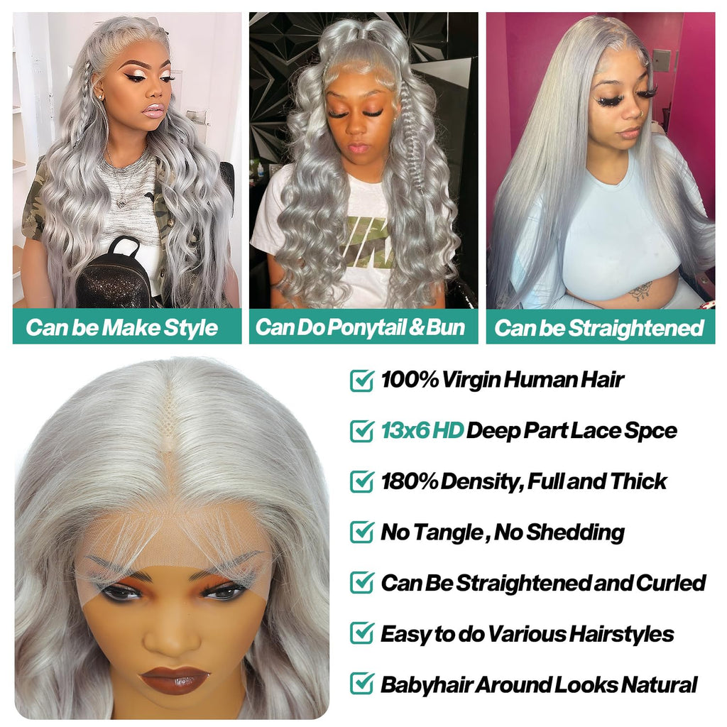13X6 Grey Lace Front Wigs Human Hair Body Wave Gray Wigs Human Hair Pre Plucked with Baby Hair 200 Density Glueless Brazilian Virgin Grey Lace Frontal Wigs for Women 26 Inch