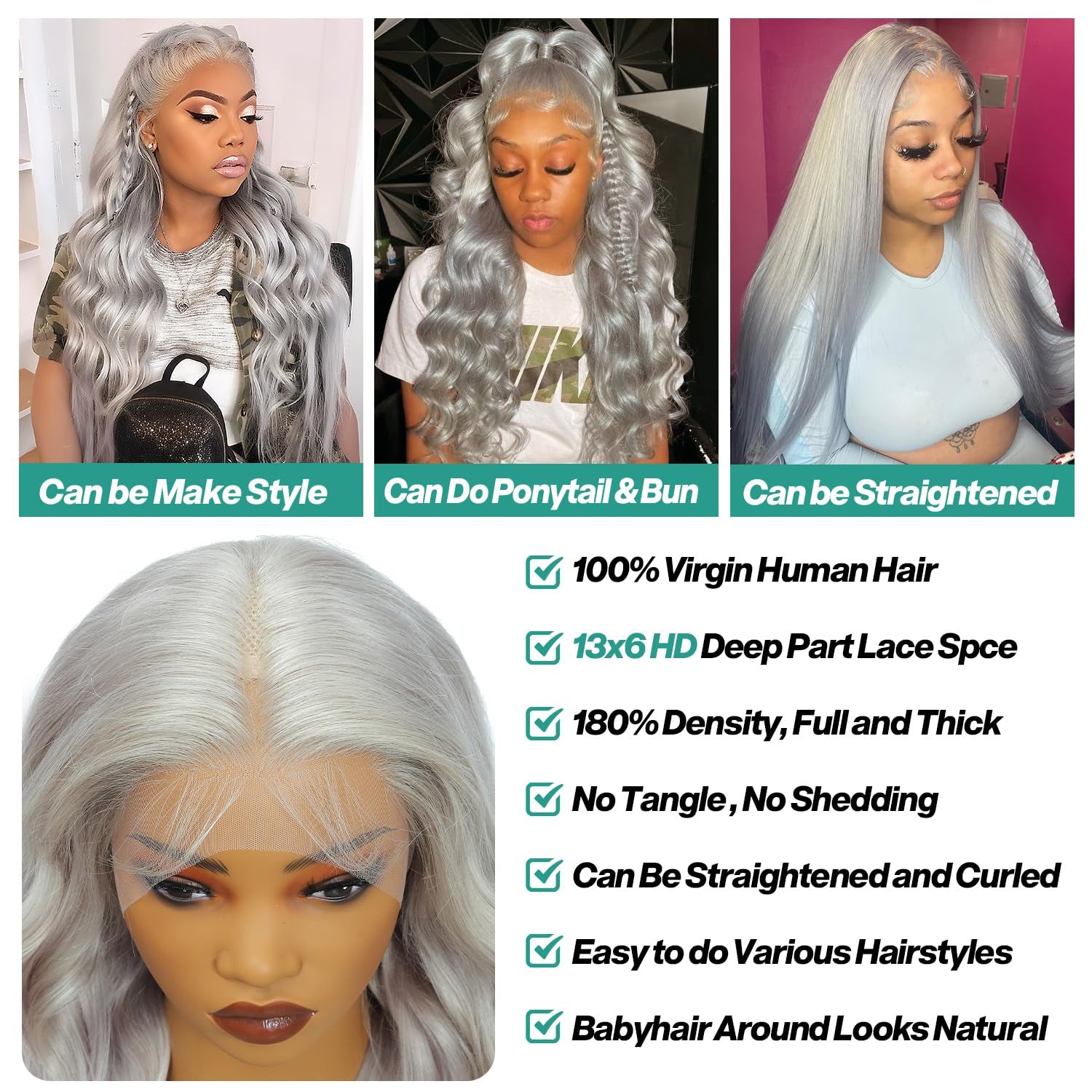 13X6 Grey Lace Front Wigs Human Hair Body Wave Gray Wigs Human Hair Pre Plucked with Baby Hair 200 Density Glueless Brazilian Virgin Grey Lace Frontal Wigs for Women 26 Inch