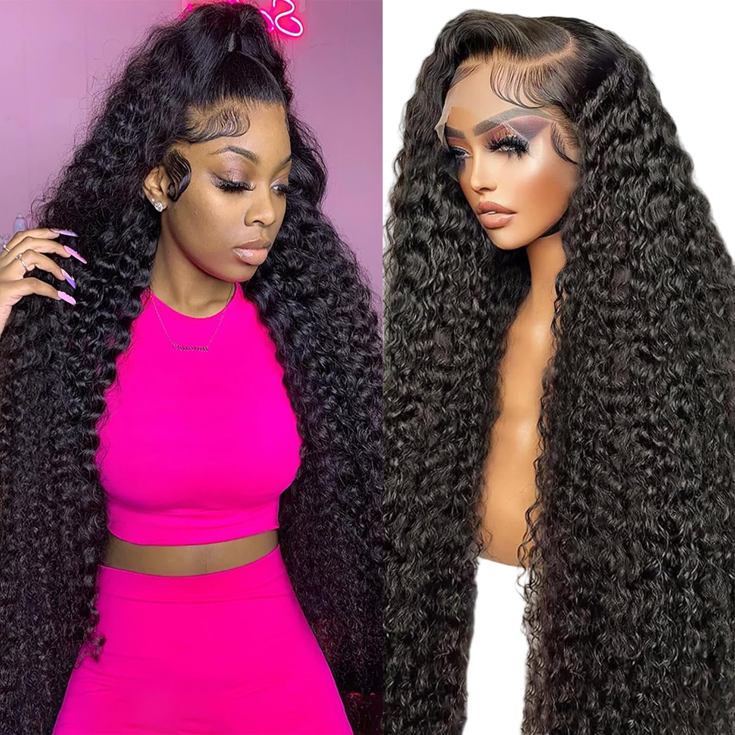 13X6 Deep Wave Lace Front Wigs Human Hair 200% Density 26 Inch Curly Human Hair Wig for Women Natural Black HD Transparent Lace Glueless Frontal Wigs Human Hair Pre Plucked