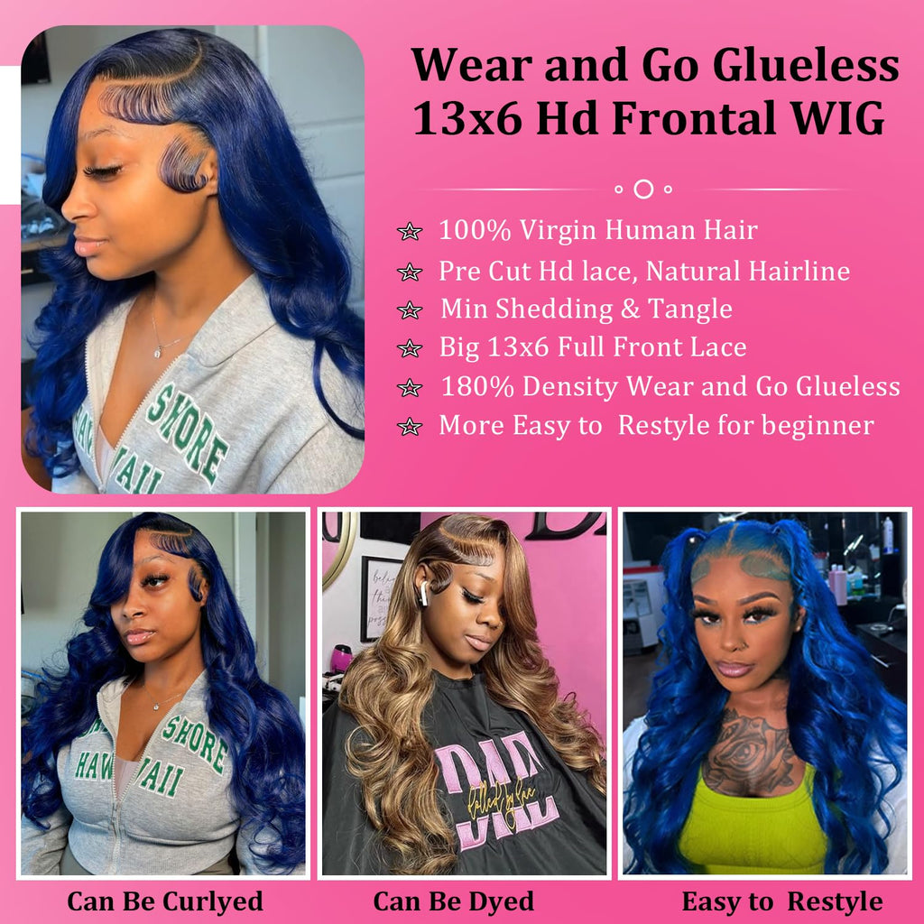 28 Inch Blue Wig Human Hair 13X6 Body Wave Lace Front Wigs Human Hair Blue Glueless Wear and Go Hd Full Lace Frontal Wig for Women 180% Density