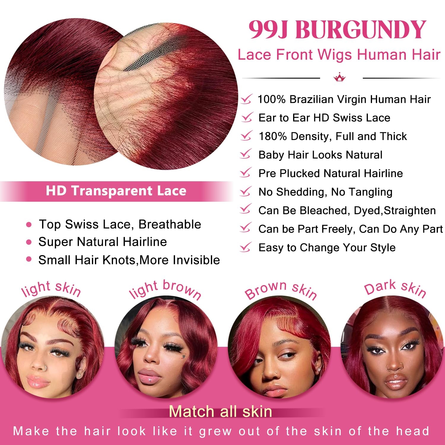 28 Inch 99J Burgundy Lace Front Wigs Human Hair 13X6 HD Transparent Body Wave Lace Front Wigs Pre Plucked 99J Burgundy Red Wine Glueless Human Hair Wigs for Women
