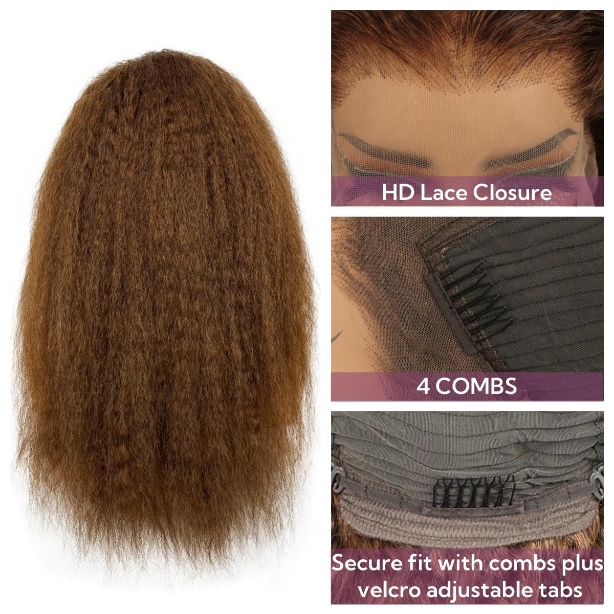 13X6 Chocolate Brown Kinky Straight Human Hair Wig for Women 180% Density HD Transparent Lace Front Wigs Pre Plucked with Babyhair Natural Hairline Yaki Straight Virgin Human Hair Frontal Wigs 28Inch