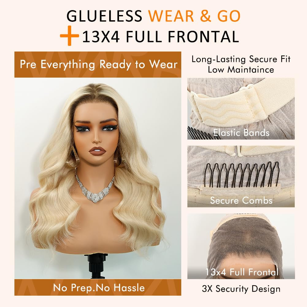 13X4 Glueless Full Frontal Ombre Ash Blonde Wig Human Hair Pre Plucked Pre Cut Balayage Highlight Blonde with Brown Roots 200% Body Wave Wigs UHD Lace Front Wig Remy Real Human Hair for Women 20Inch