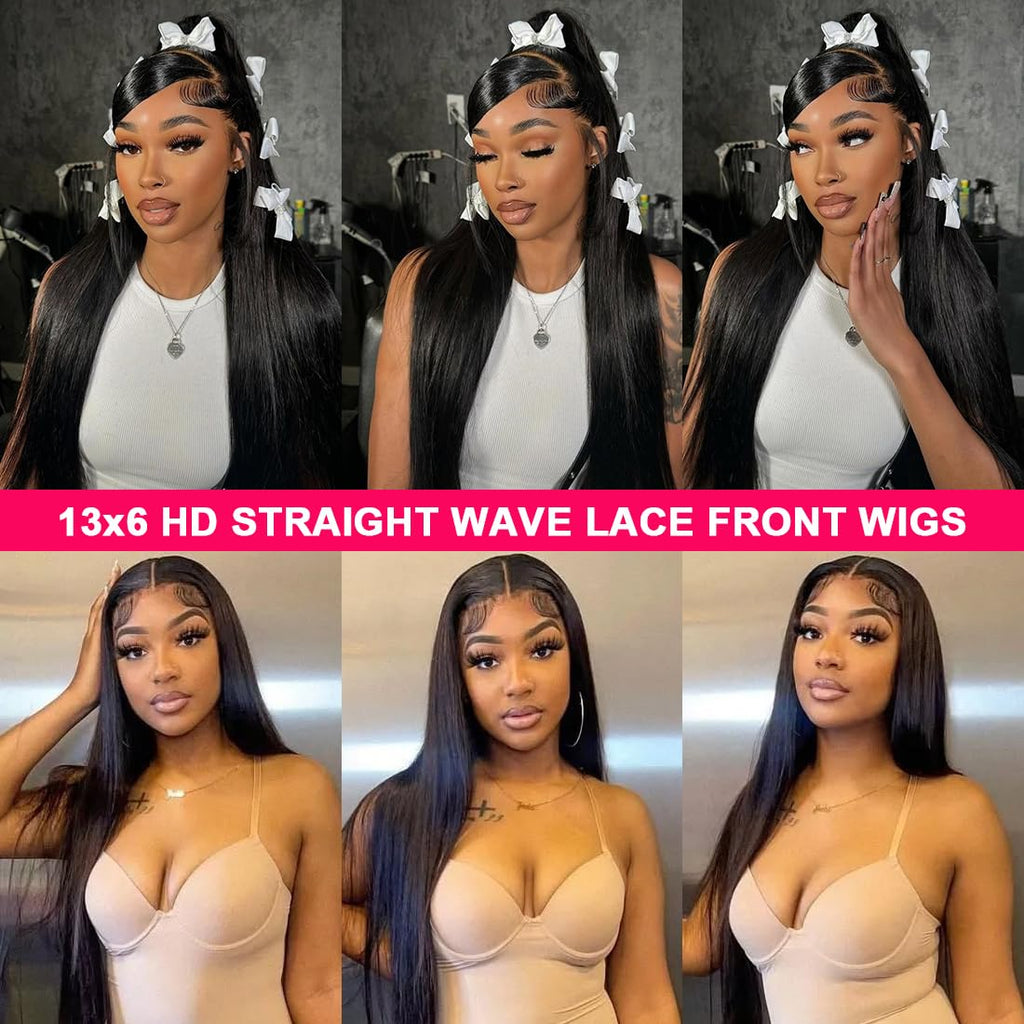 28 Inch Human Hair Wig 13X6 Lace Front Wigs Human Hair 200 Density HD Transparent Straight Lace Front Wigs Pre Plucked Glueless Lace Frontal Wigs Natural Black Color