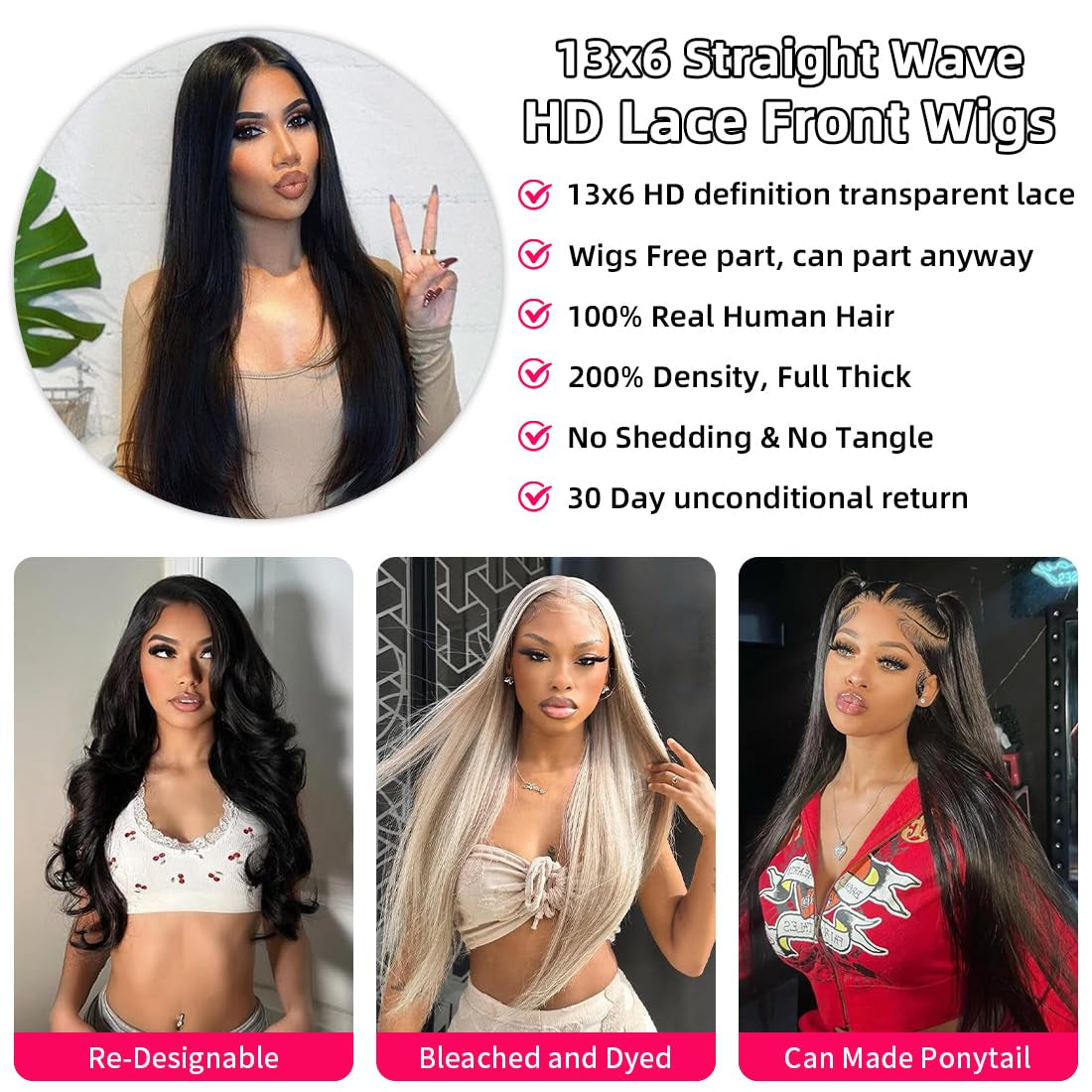 28 Inch Human Hair Wig 13X6 Lace Front Wigs Human Hair 200 Density HD Transparent Straight Lace Front Wigs Pre Plucked Glueless Lace Frontal Wigs Natural Black Color