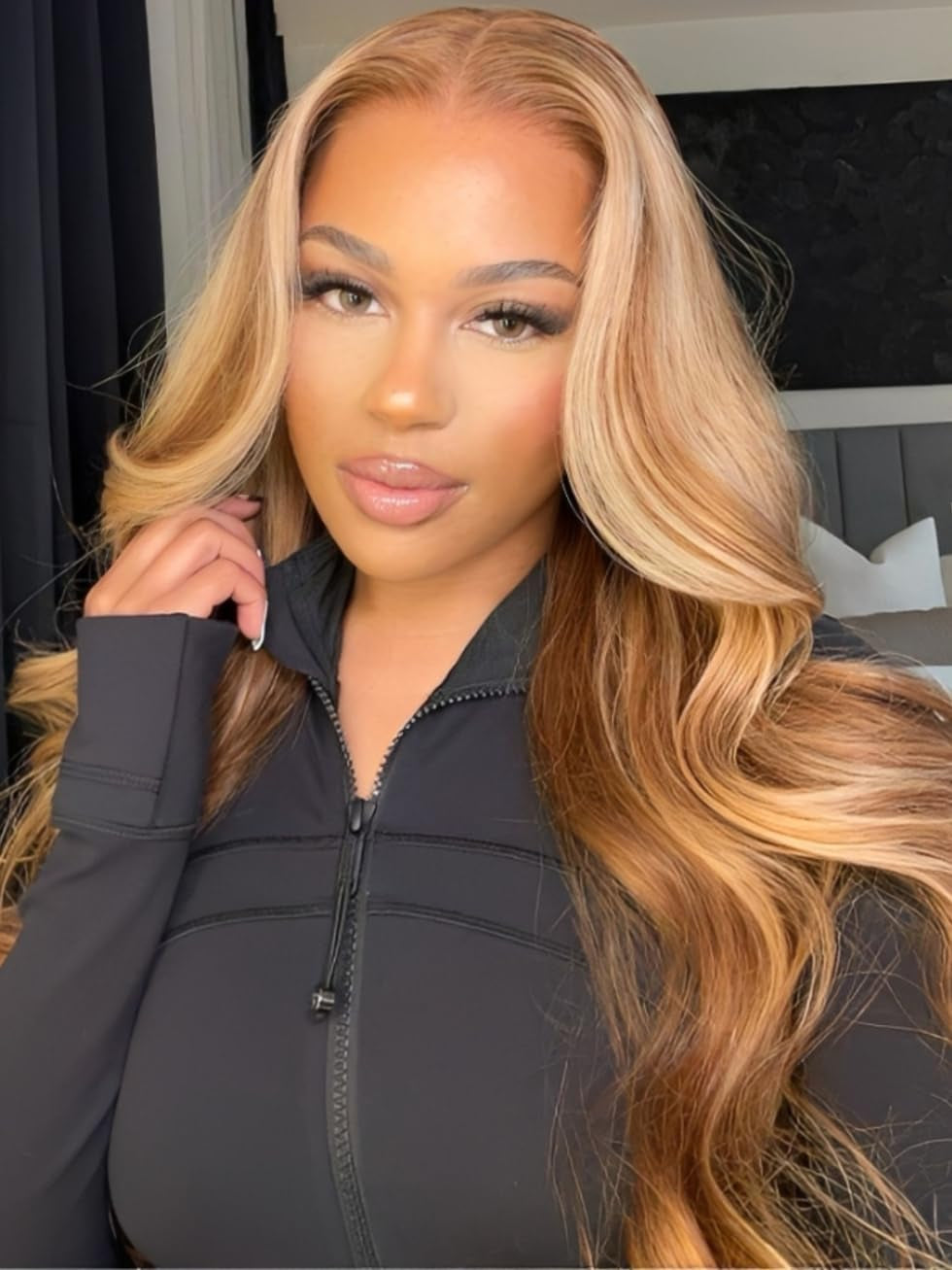 Honey Blonde Highlight Body Wave 7X5 Lace Front Wigs Human Hair Bye Bye Knots Glueless Drawstring Wig Human Hair Pre Plucked Pre Cut Natural Hairline Put on and Go 20 Inch