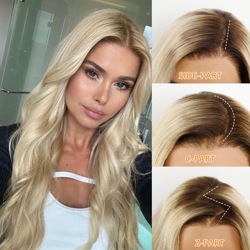 13X4 Glueless Full Frontal Ombre Ash Blonde Wig Human Hair Pre Plucked Pre Cut Balayage Highlight Blonde with Brown Roots 200% Body Wave Wigs UHD Lace Front Wig Remy Real Human Hair for Women 20Inch