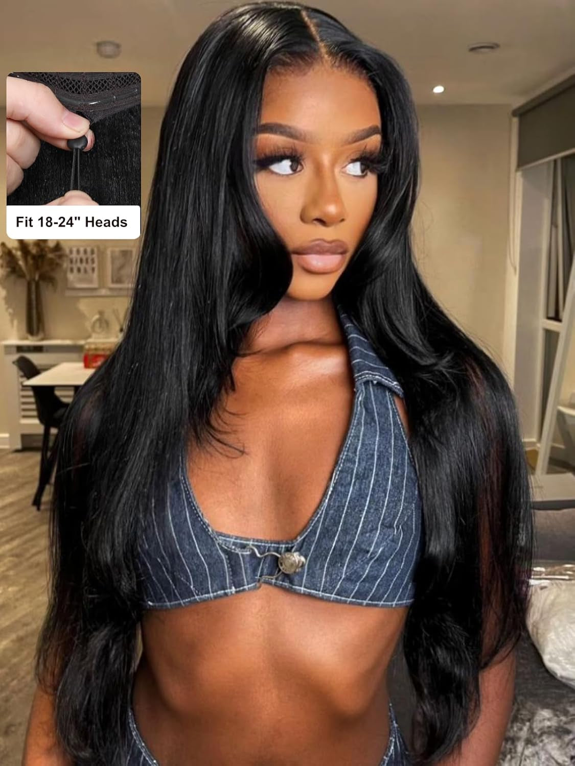 13X4 HD Lace Front Wigs Human Hair with Drawstring Black Layered Straight Glueless Frontal Wig Pre Plucked Pre Cut Bleached Knots Natural Hairline 150% Density 22 Inch