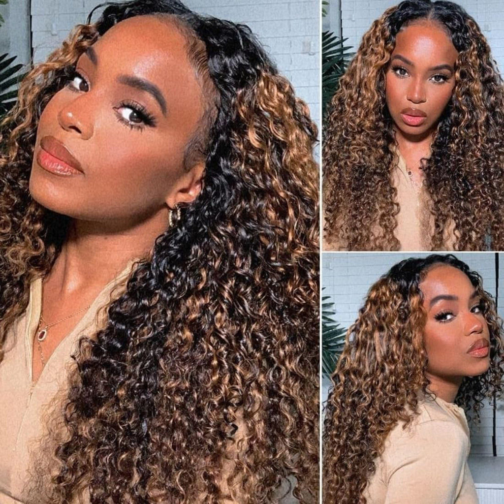 Curly V Part Wigs Human Hair Balayage Brown Highlight Clip in Upgrade U Part Wig No Leave Out Wear Go Glueless Human Hair Wig Beginner Friendly 18 Inch