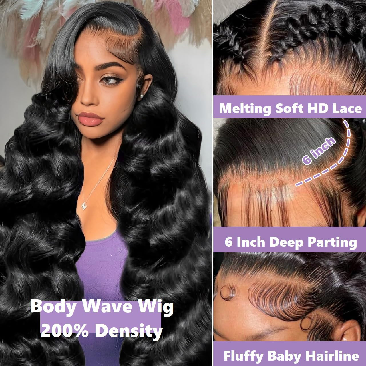 32 Inch 13X6 Lace Front Wigs Human Hair 200 Density Body Wave HD Lace Front Wigs Human Hair Pre Plucked Natural Color Glueless Wigs for Women
