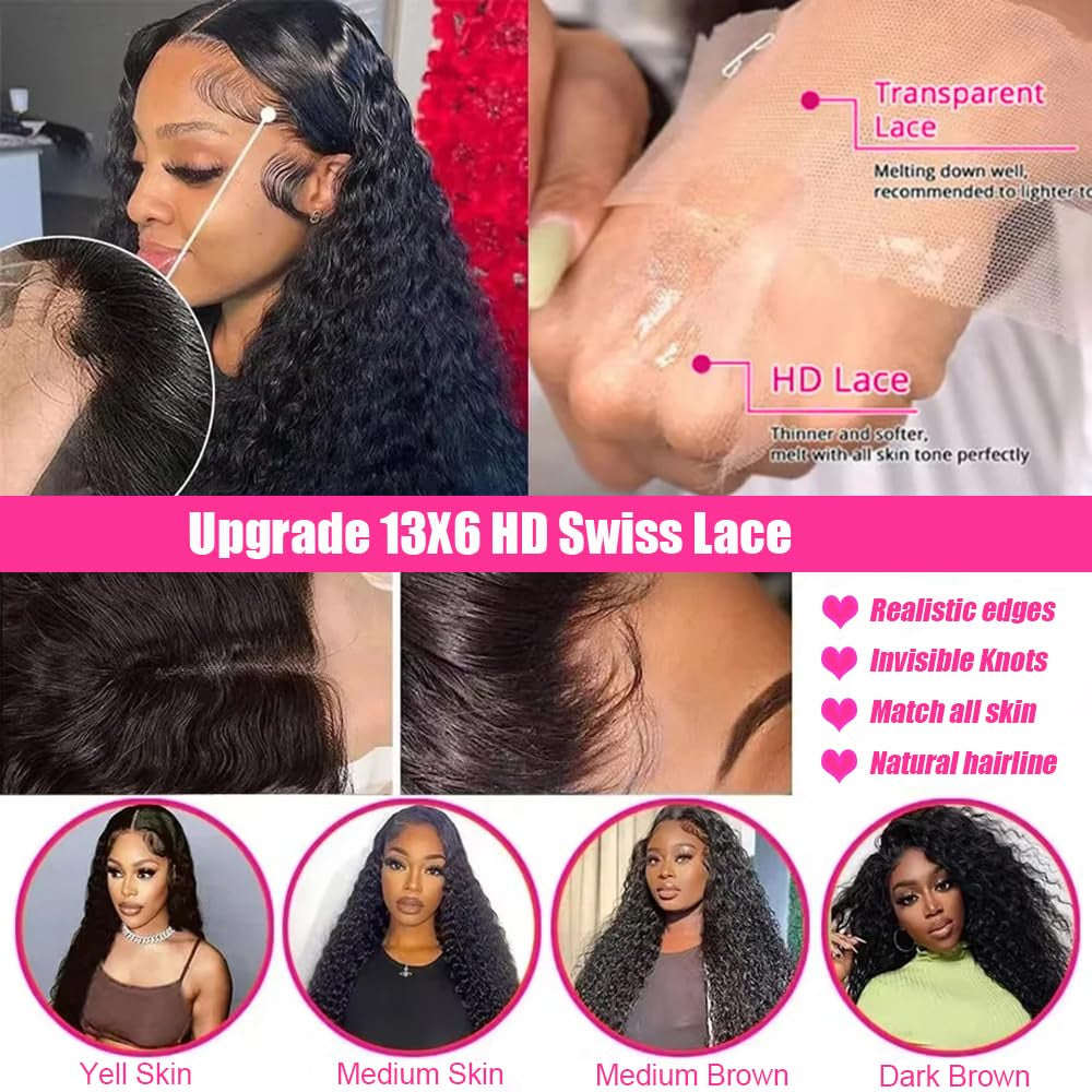 13X6 Deep Wave Lace Front Wigs Human Hair 200% Density 26 Inch Curly Human Hair Wig for Women Natural Black HD Transparent Lace Glueless Frontal Wigs Human Hair Pre Plucked