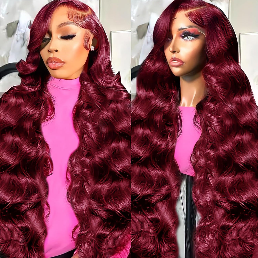 28 Inch 99J Burgundy Lace Front Wigs Human Hair 13X6 HD Transparent Body Wave Lace Front Wigs Pre Plucked 99J Burgundy Red Wine Glueless Human Hair Wigs for Women