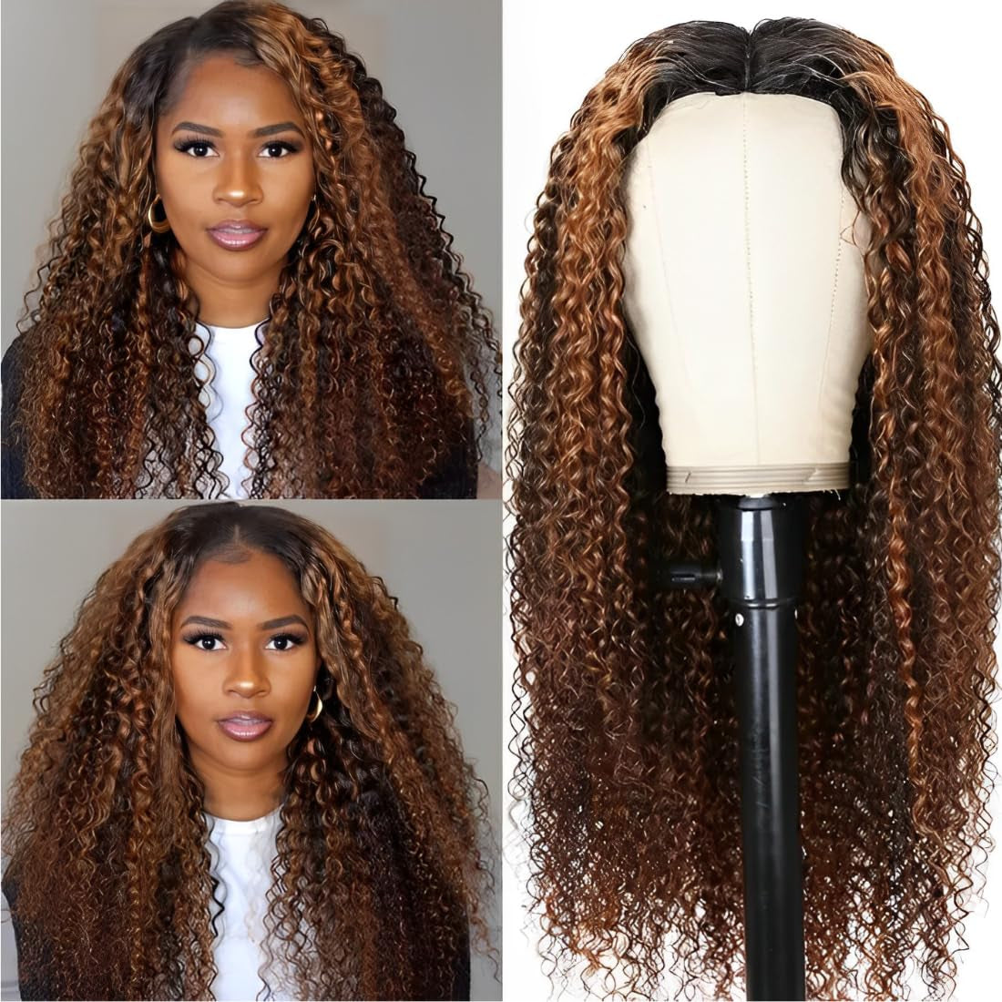 Curly V Part Wigs Human Hair Balayage Brown Highlight Clip in Upgrade U Part Wig No Leave Out Wear Go Glueless Human Hair Wig Beginner Friendly 18 Inch