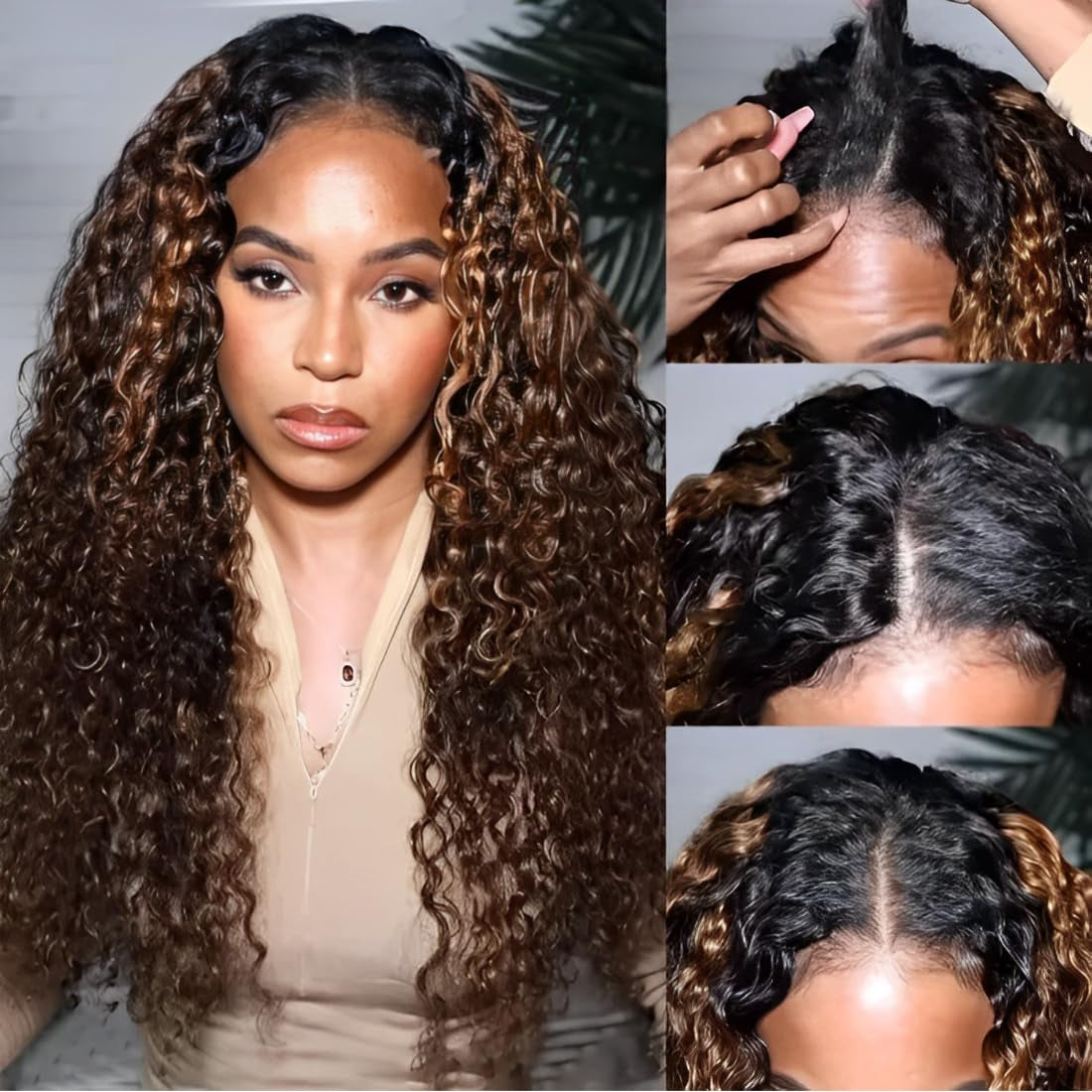 Curly V Part Wigs Human Hair Balayage Brown Highlight Clip in Upgrade U Part Wig No Leave Out Wear Go Glueless Human Hair Wig Beginner Friendly 18 Inch