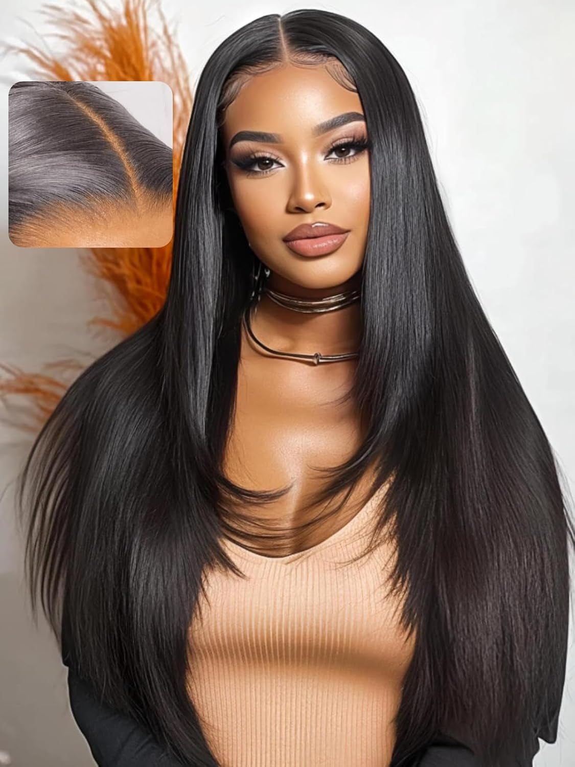13X4 HD Lace Front Wigs Human Hair with Drawstring Black Layered Straight Glueless Frontal Wig Pre Plucked Pre Cut Bleached Knots Natural Hairline 150% Density 22 Inch