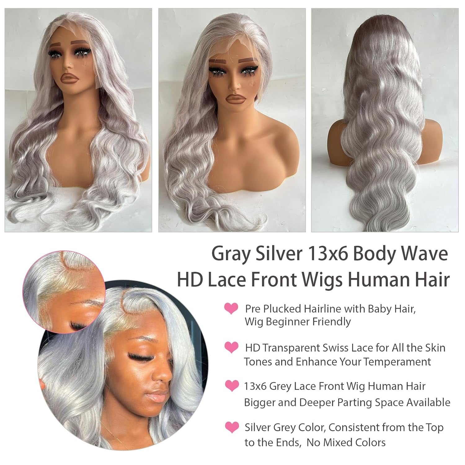 Grey Human Hair Wig 13X6 Body Wave Grey Lace Front Wigs Human Hair for Women Pre Plucked Glueless 28 Inch Gray Silver HD Lace Frontal Wigs Free Part