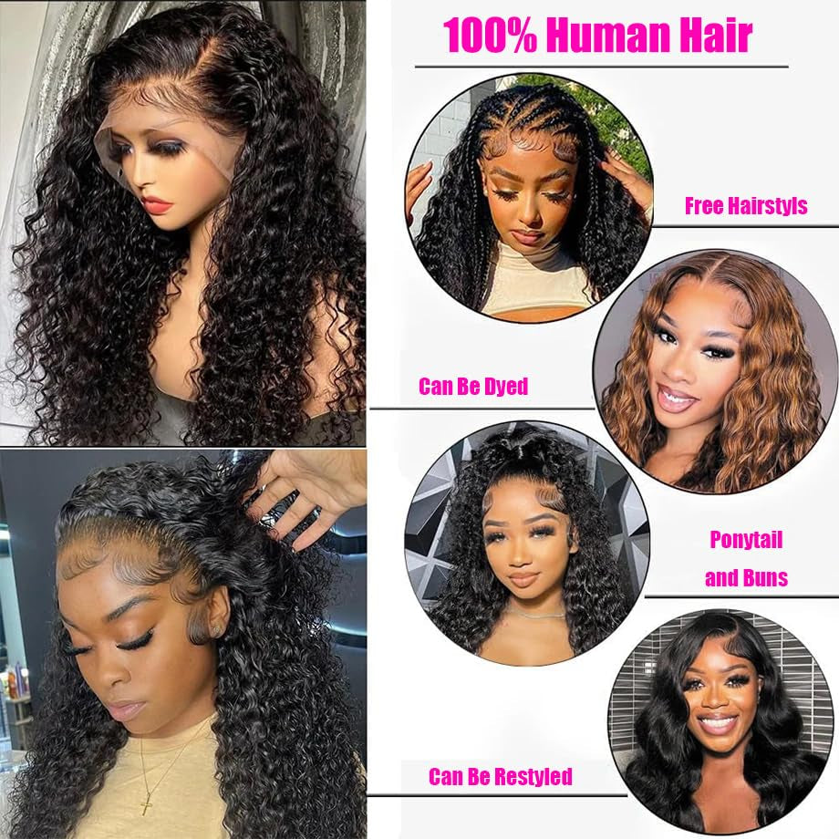 13X6 Deep Wave Lace Front Wigs Human Hair 200% Density 26 Inch Curly Human Hair Wig for Women Natural Black HD Transparent Lace Glueless Frontal Wigs Human Hair Pre Plucked