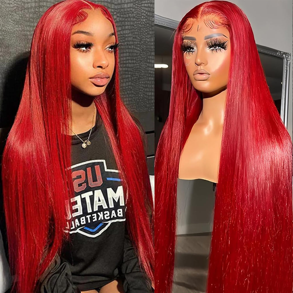 30 Inch Red Lace Front Wigs Human Hair Burgundy Red 13X4 HD Transparent Lace Straight Wig Human Hair for Black Women 180% Density Wear and Go Glueless Wig Human Hair Pre Plucked with Baby Hair