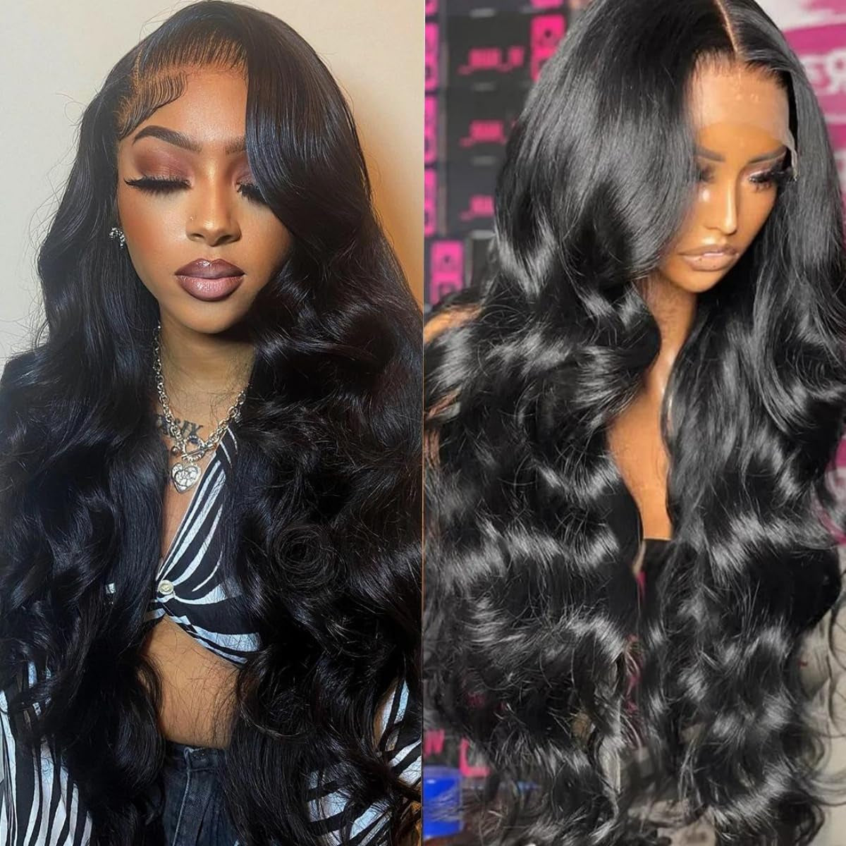 13X6 Body Wave Lace Front Wigs Human Hair Pre Plucked 200% Density HD Transparent Lace Frontal Wigs Human Hair with Baby Hair Natural Black 34 Inch