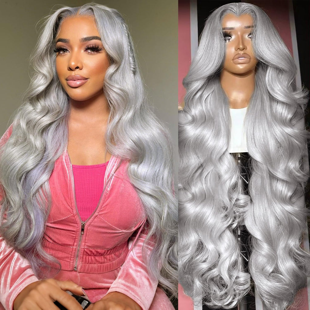 13X6 Grey Lace Front Wigs Human Hair Body Wave Gray Wigs Human Hair Pre Plucked with Baby Hair 200 Density Glueless Brazilian Virgin Grey Lace Frontal Wigs for Women 26 Inch