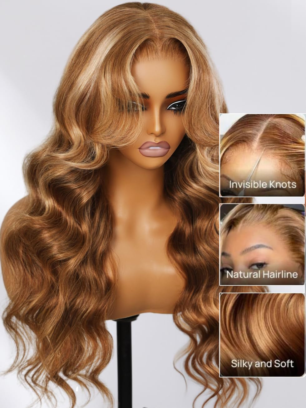 Honey Blonde Highlight Body Wave 7X5 Lace Front Wigs Human Hair Bye Bye Knots Glueless Drawstring Wig Human Hair Pre Plucked Pre Cut Natural Hairline Put on and Go 20 Inch