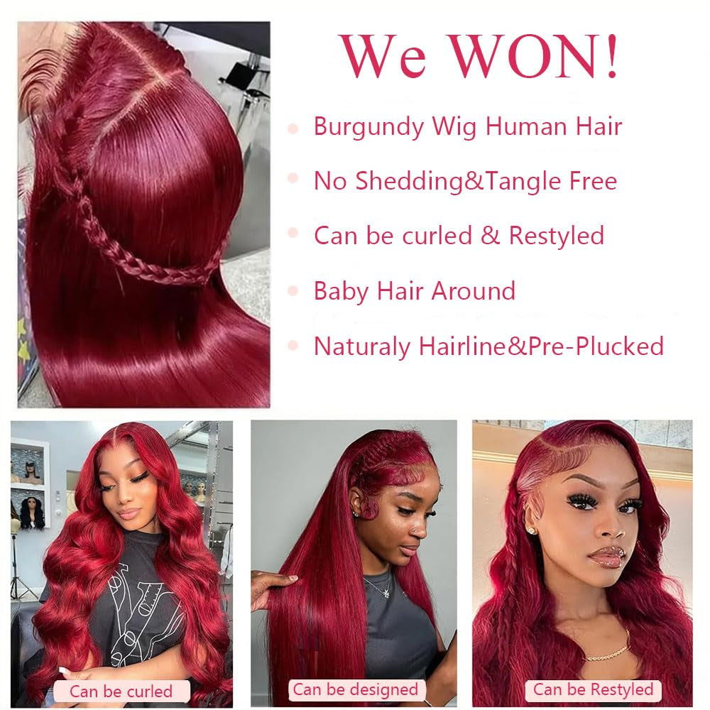 30 Inch 13X6 99J Burgundy Lace Front Wigs Human Hair Body Wave 200 Density HD Transparent Frontal Wigs Pre Plucked Glueless Red Wig for Women 100% Unprocessed Brazilian Remy Virgin Hair