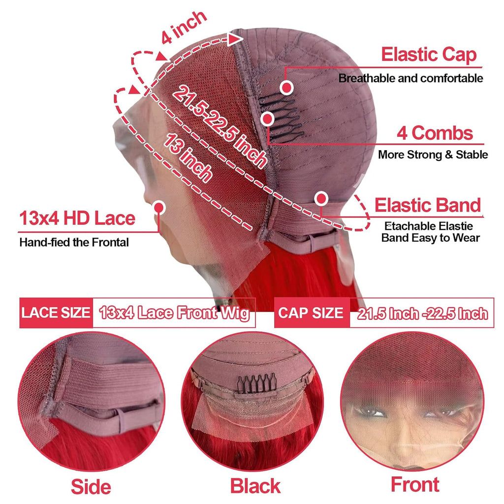 30 Inch Red Lace Front Wigs Human Hair Burgundy Red 13X4 HD Transparent Lace Straight Wig Human Hair for Black Women 180% Density Wear and Go Glueless Wig Human Hair Pre Plucked with Baby Hair