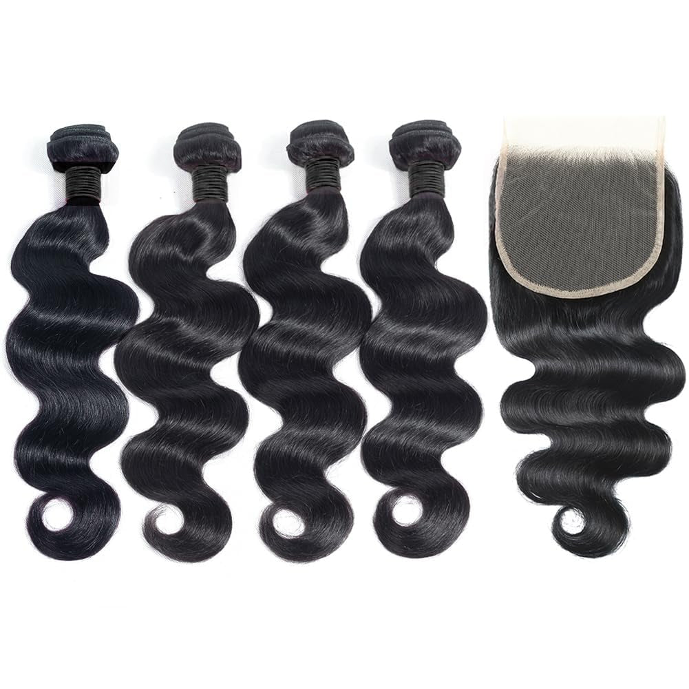 12A Human Hair Bundles with Closure 18 20 22 24+16 Inch Brazilian Body Wave 4 Bundles Human Hair with 5X5 HD Lace Closure Unprocessed Virgin Human Hair Natural Black