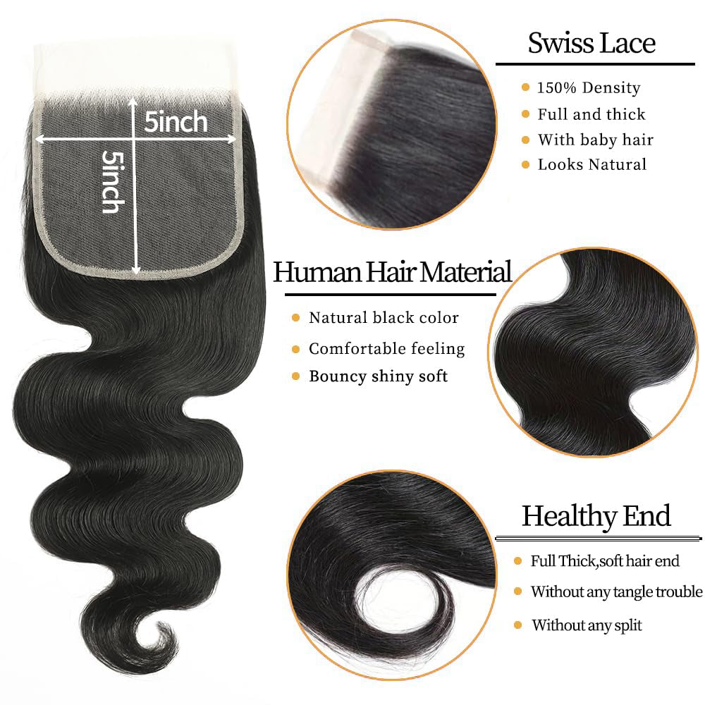 12A Human Hair Bundles with Closure 18 20 22 24+16 Inch Brazilian Body Wave 4 Bundles Human Hair with 5X5 HD Lace Closure Unprocessed Virgin Human Hair Natural Black