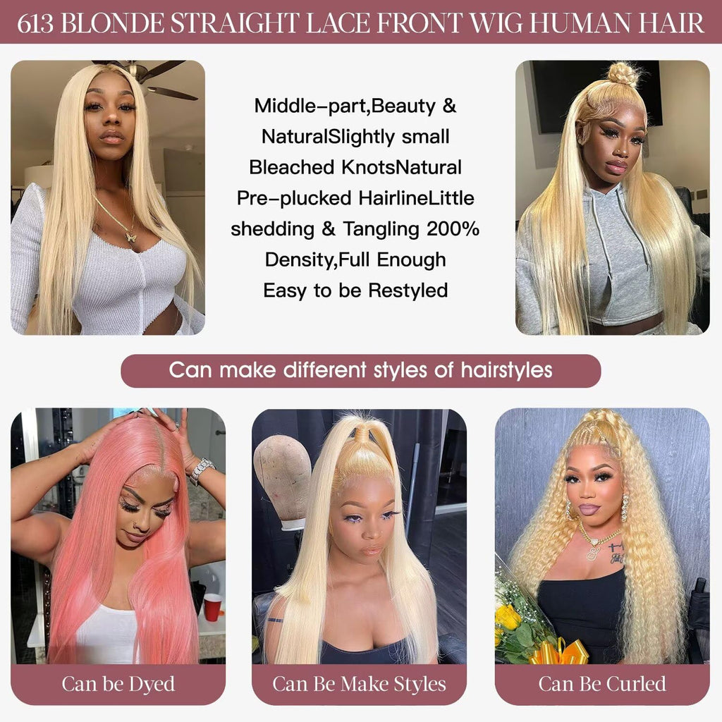 613 13X6 Lace Front Wig Human Hair 24 Inches 200% Density Blonde Straight HD Transparent Lace Frontal Human Hair Wigs Pre Plucked for Women