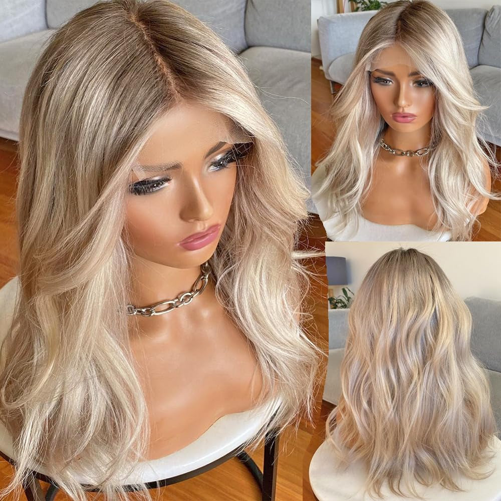 13X4 Glueless Full Frontal Ombre Ash Blonde Wig Human Hair Pre Plucked Pre Cut Balayage Highlight Blonde with Brown Roots 200% Body Wave Wigs UHD Lace Front Wig Remy Real Human Hair for Women 20Inch