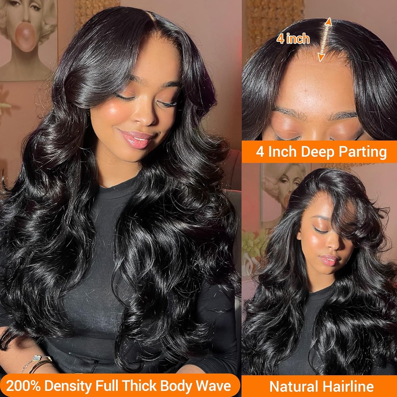 13X4 HD Lace Front Wigs Human Hair 26 Inch Natural Black Body Wave Human Hair Wig 200 Density 12A Glueless Wigs Lace Front Wigs Pre Plucked Glueless Frontal Wig for Women